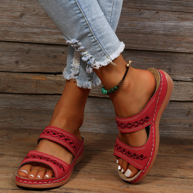 Women's Wedge Sandals – Cut Out Detail, Cushioned Slip-On Summer Mules