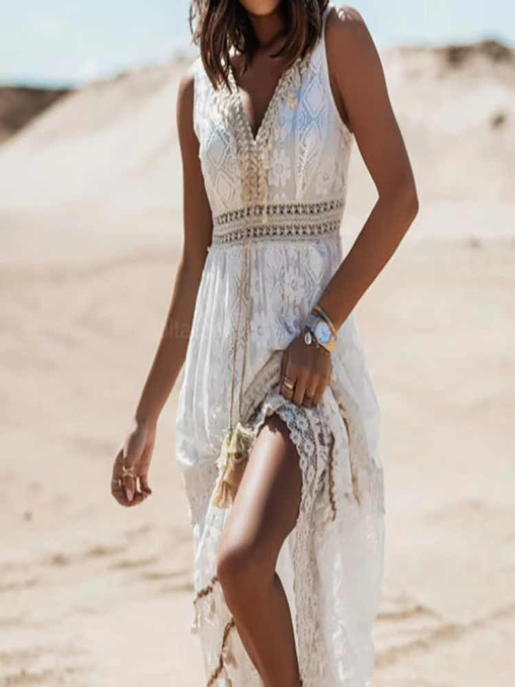 Boho Lace Maxi Dress – Sleeveless V-Neck with High Slit Detail