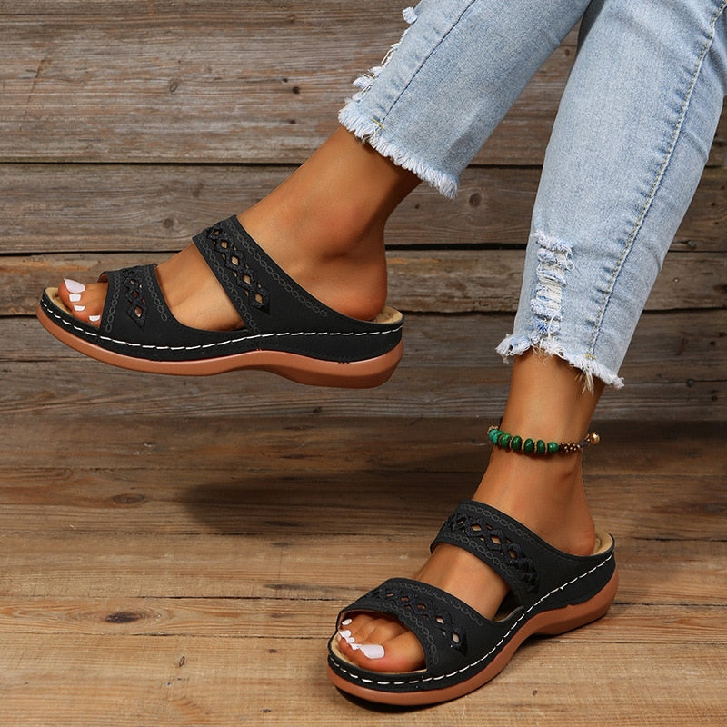 Women's Wedge Sandals – Cut Out Detail, Cushioned Slip-On Summer Mules