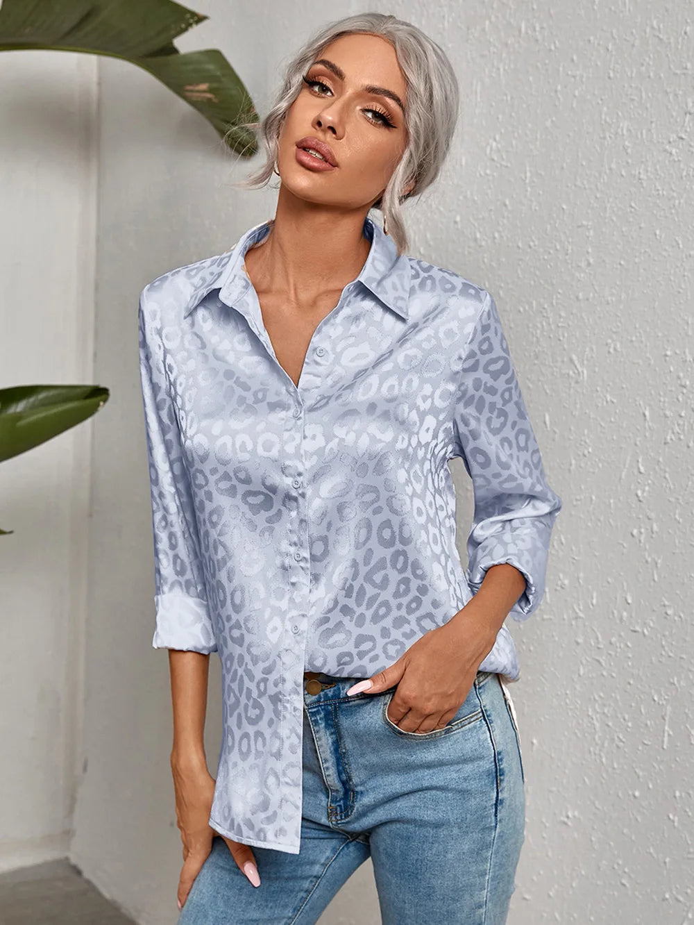 Womens Satin Blouse – Leopard Jacquard, Relaxed Fit Smart Casual