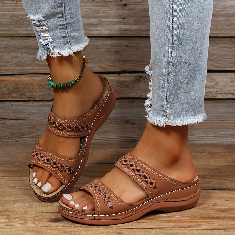 Women's Wedge Sandals – Cut Out Detail, Cushioned Slip-On Summer Mules