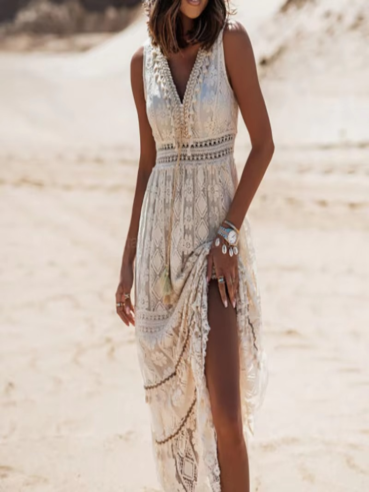 Boho Lace Maxi Dress – Sleeveless V-Neck with High Slit Detail