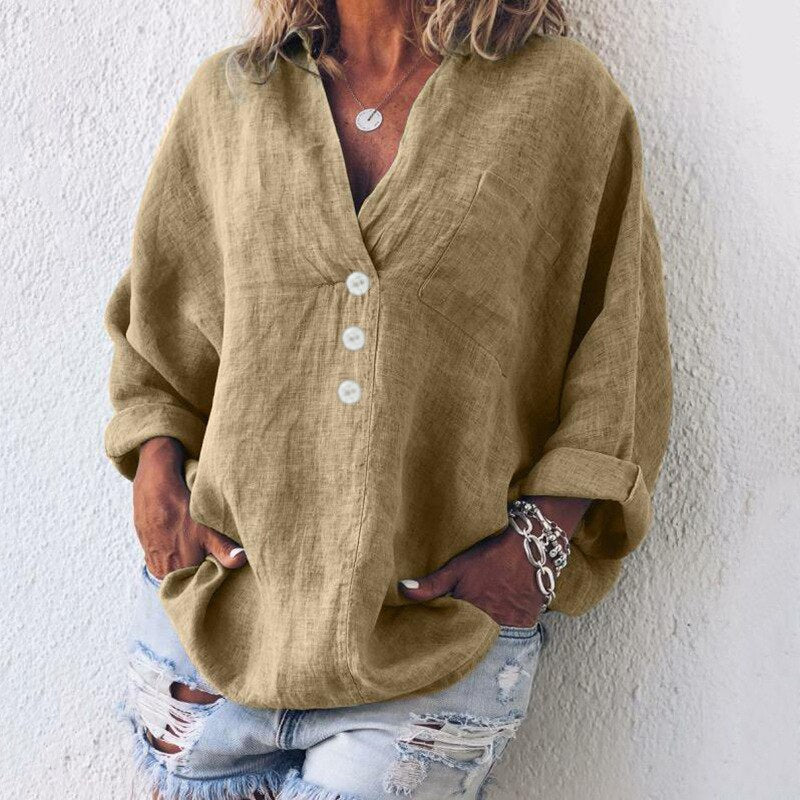 Casual Linen V-Neck Blouse – Oversized Button Front Long Sleeve Top