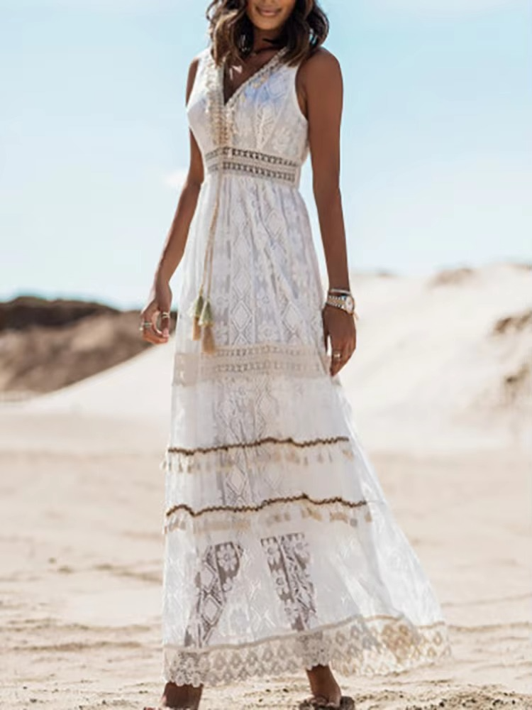 Boho Lace Maxi Dress – Sleeveless V-Neck with High Slit Detail