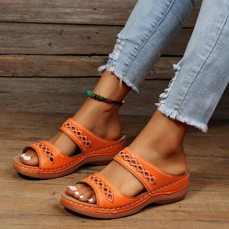 Women's Wedge Sandals – Cut Out Detail, Cushioned Slip-On Summer Mules