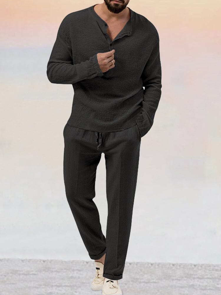 Men’s Casual Cotton-Linen Blend Lounge Set – Long Sleeve Henley & Relaxed Pants