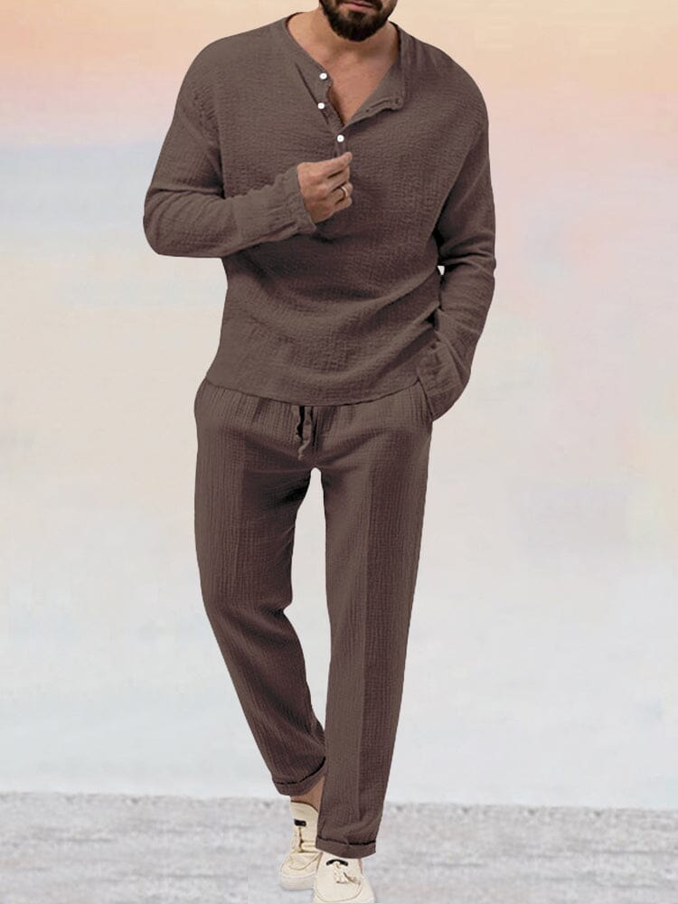 Men’s Casual Cotton-Linen Blend Lounge Set – Long Sleeve Henley & Relaxed Pants