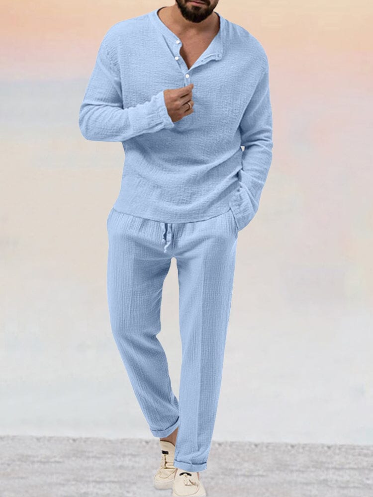 Men’s Casual Cotton-Linen Blend Lounge Set – Long Sleeve Henley & Relaxed Pants