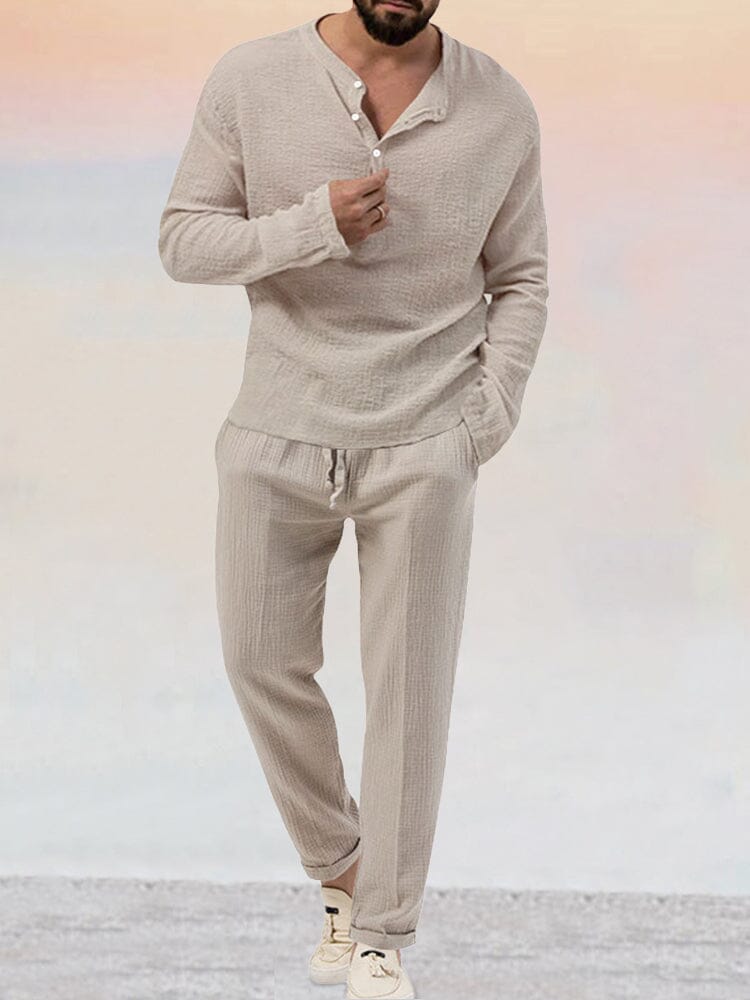 Men’s Casual Cotton-Linen Blend Lounge Set – Long Sleeve Henley & Relaxed Pants