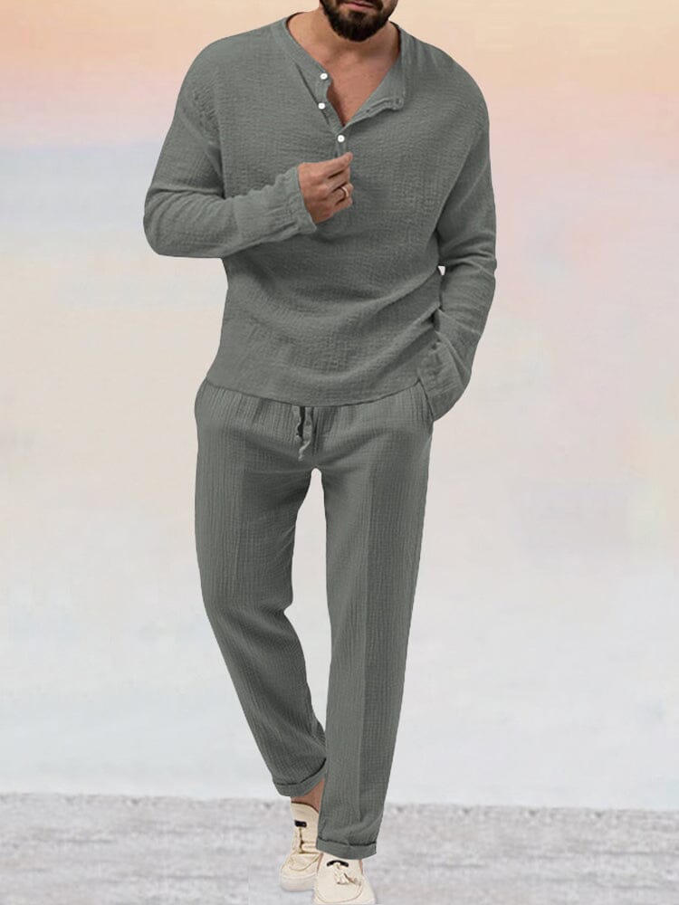 Men’s Casual Cotton-Linen Blend Lounge Set – Long Sleeve Henley & Relaxed Pants