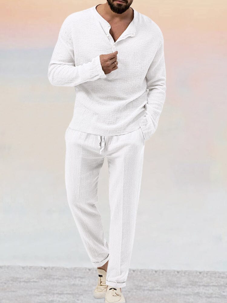 Men’s Casual Cotton-Linen Blend Lounge Set – Long Sleeve Henley & Relaxed Pants