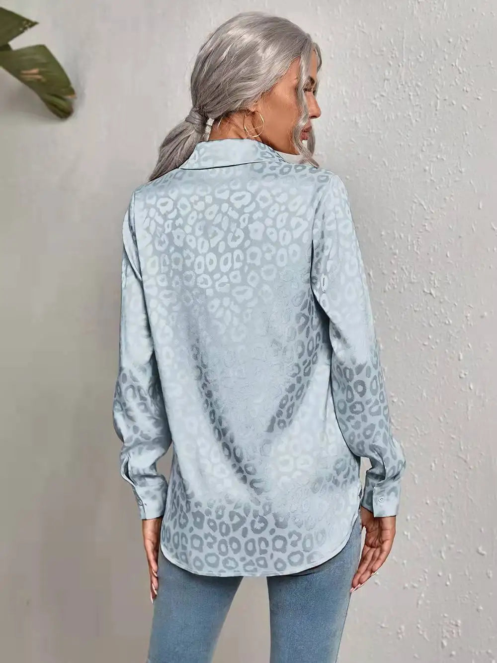 Womens Satin Blouse – Leopard Jacquard, Relaxed Fit Smart Casual