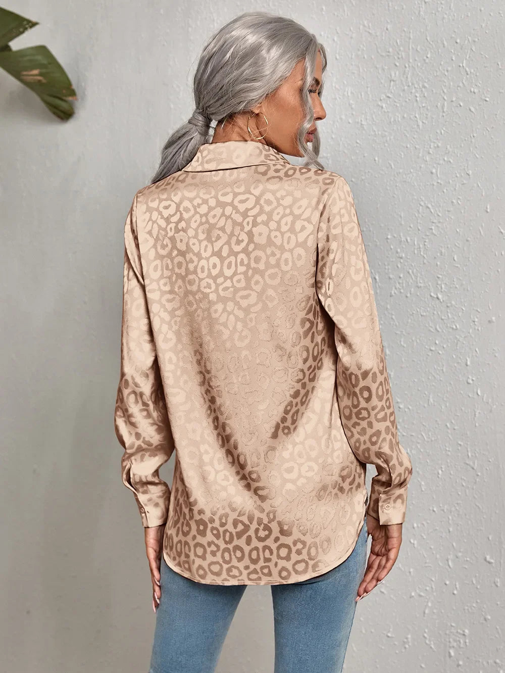 Womens Satin Blouse – Leopard Jacquard, Relaxed Fit Smart Casual