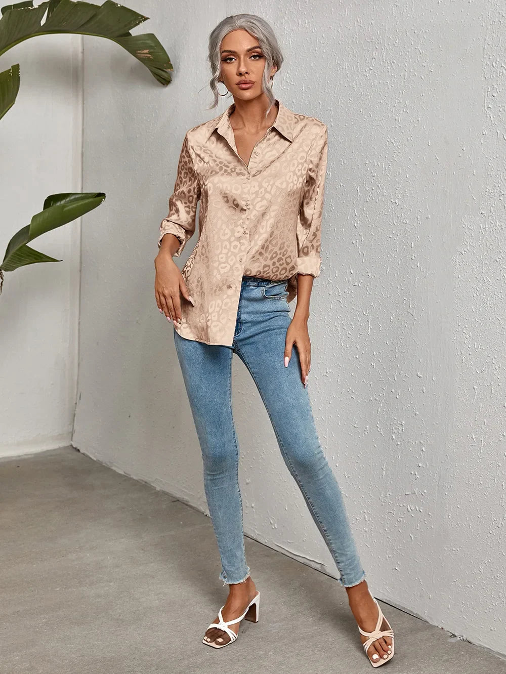 Womens Satin Blouse – Leopard Jacquard, Relaxed Fit Smart Casual
