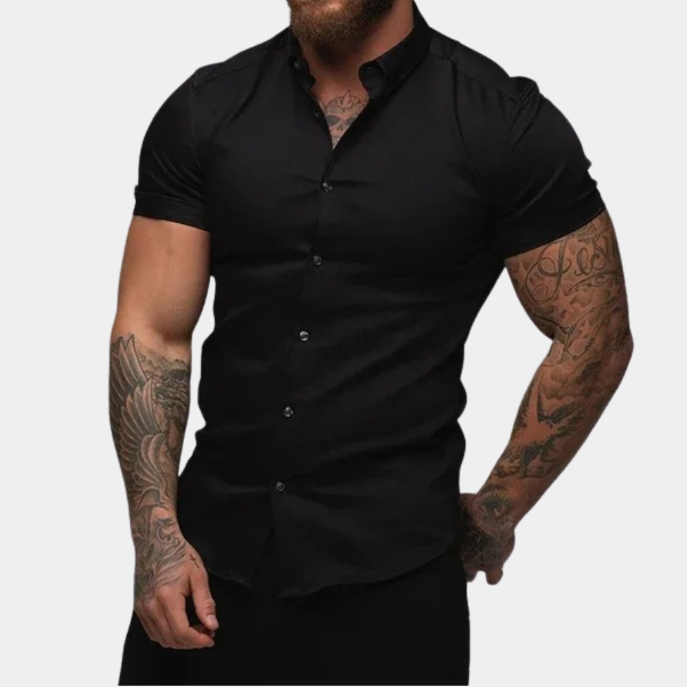 Men's Short Sleeve Shirt – Grandad Collar, Muscle Fit Smart Casual