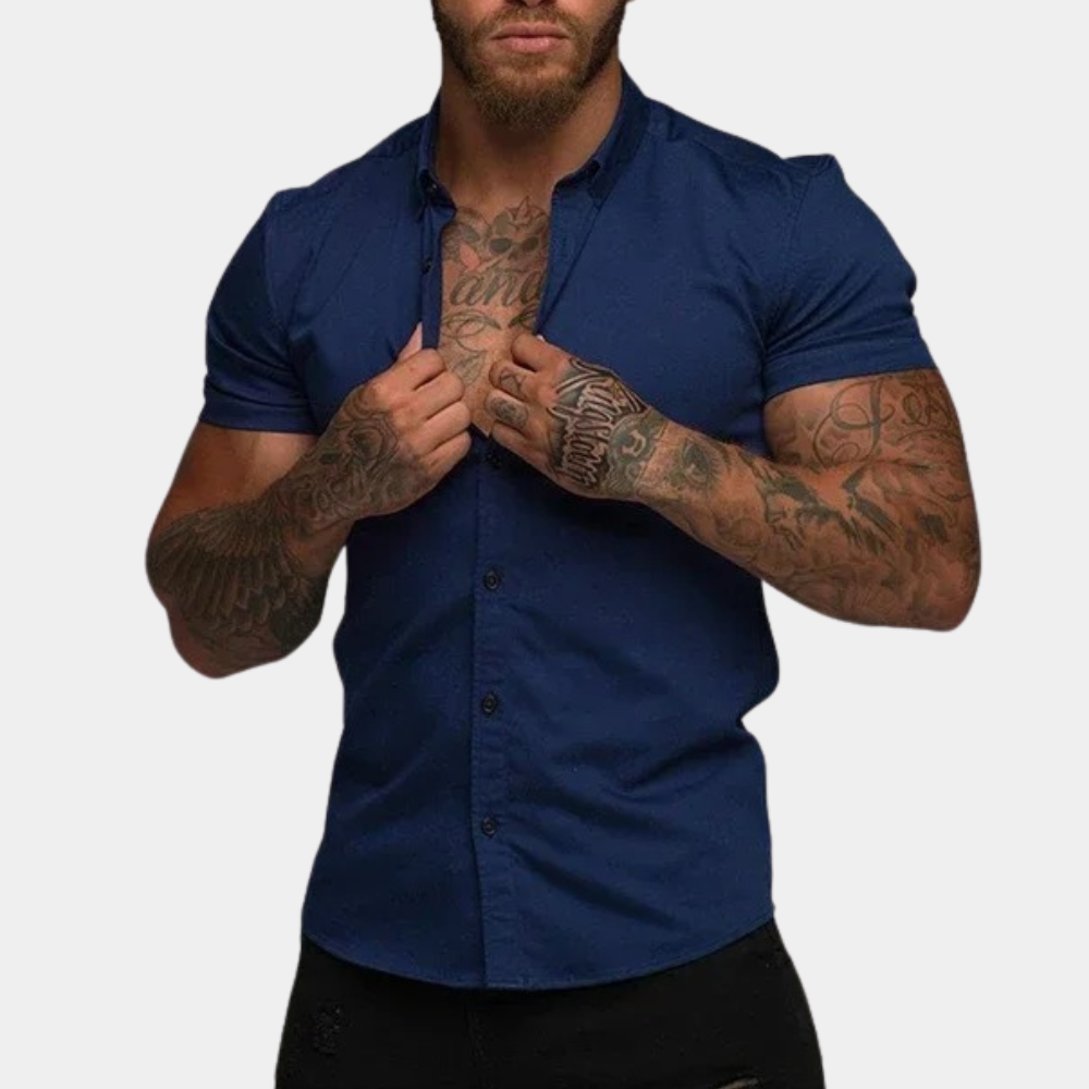 Men's Short Sleeve Shirt – Grandad Collar, Muscle Fit Smart Casual
