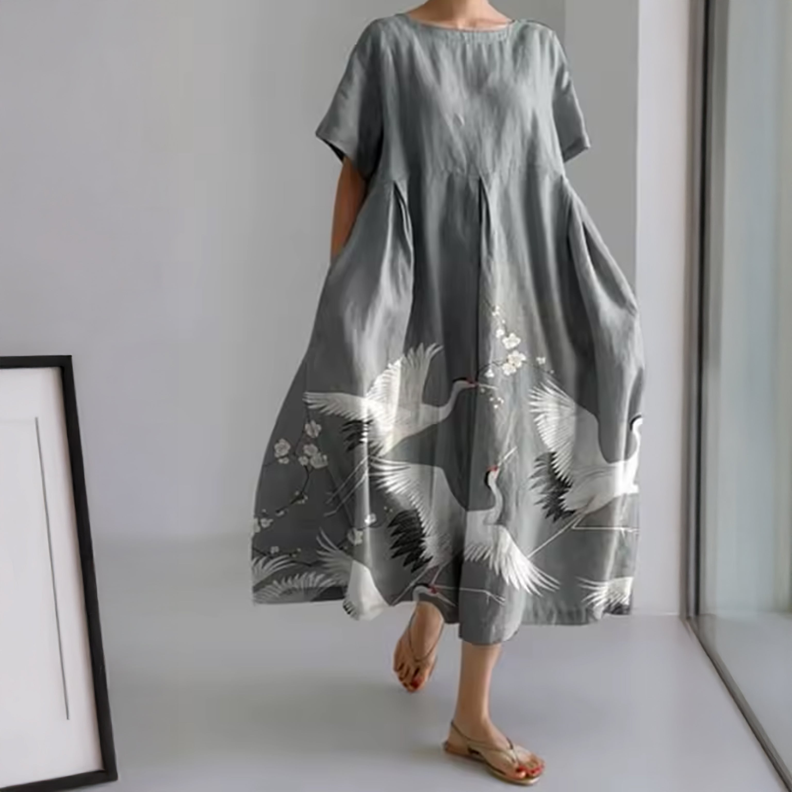 Cotton Maxi Dress with Crane Print – Loose Fit Short Sleeve Summer Dress