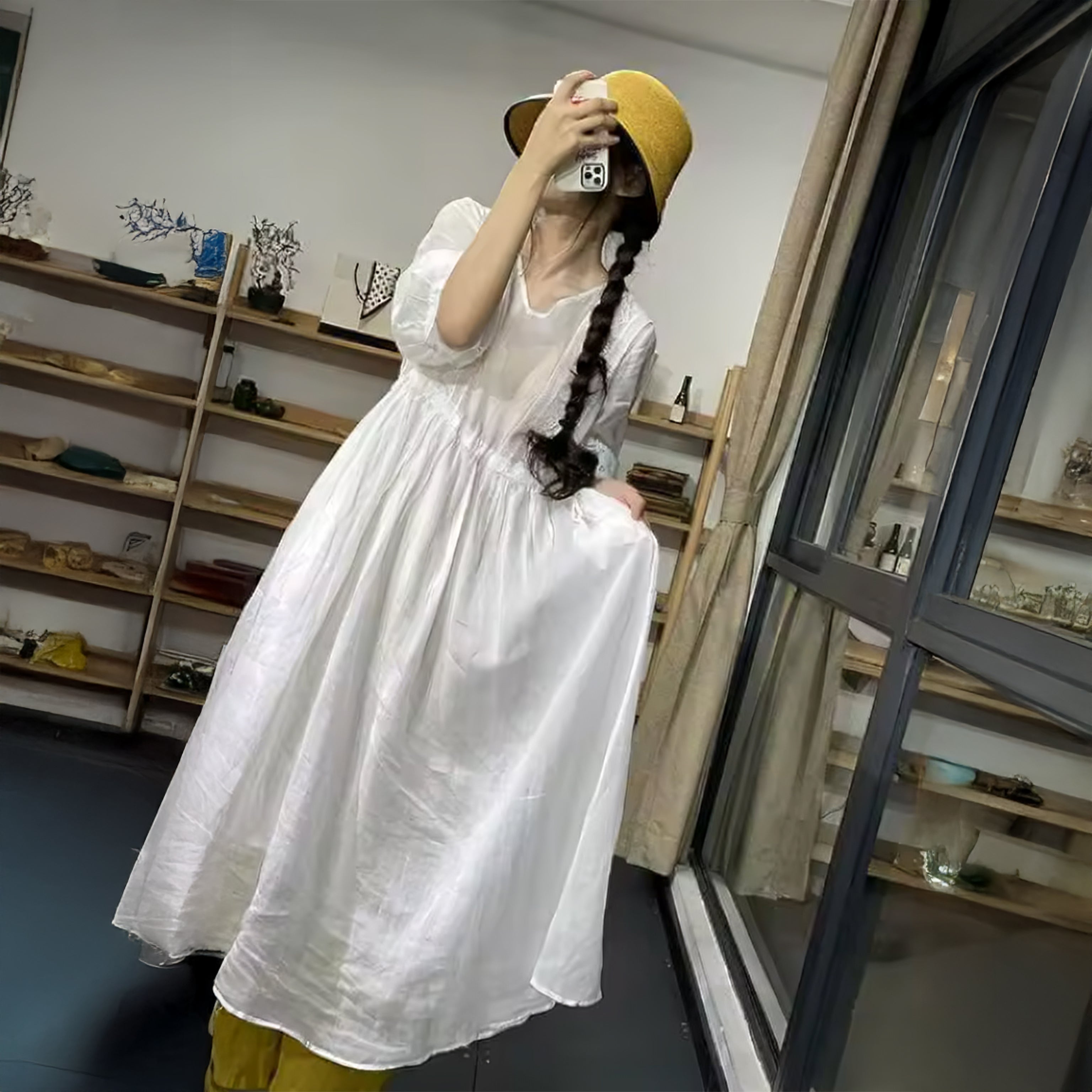 Purple V-Neck Cotton Dress with Lace Patchwork and Lantern Sleeves