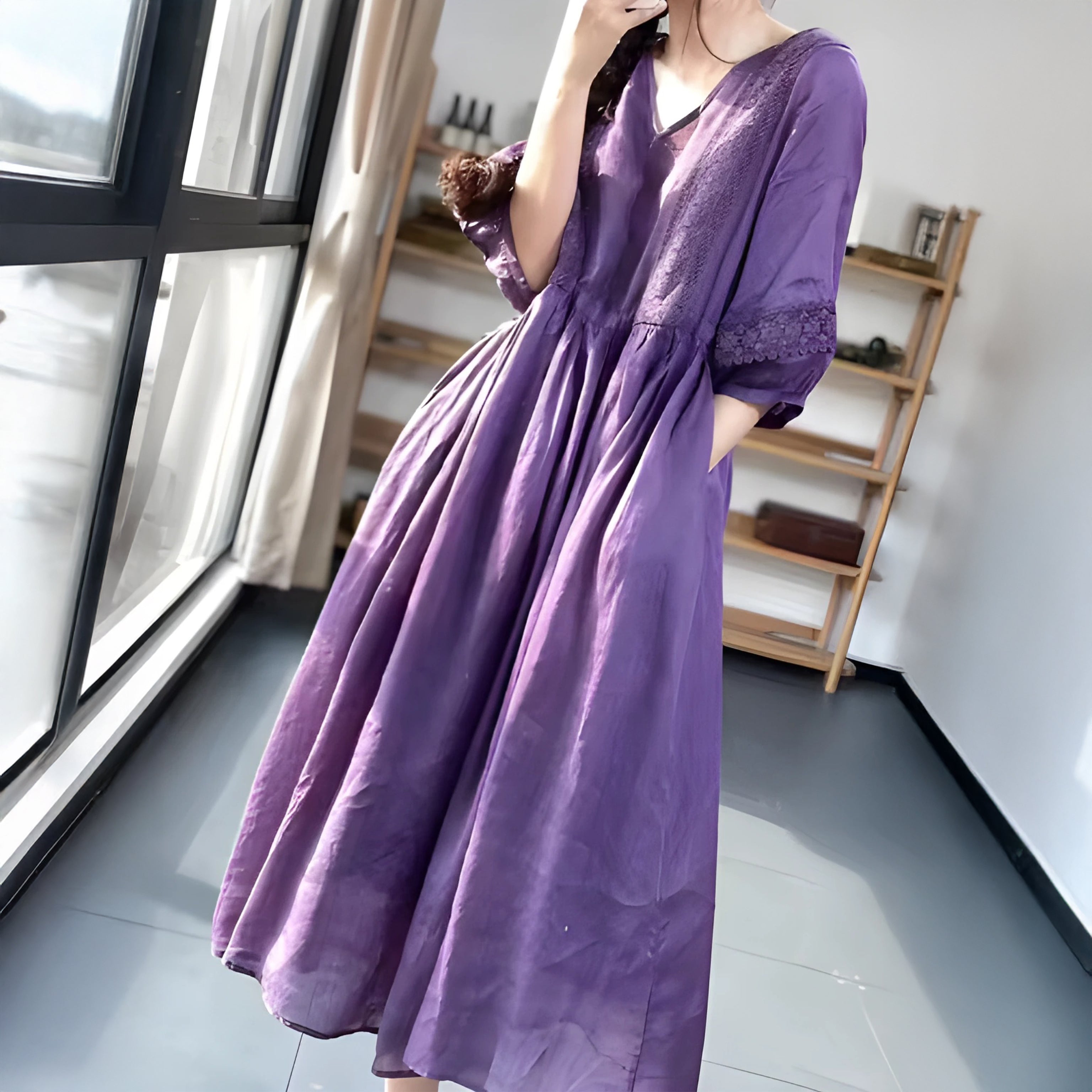 Purple V-Neck Cotton Dress with Lace Patchwork and Lantern Sleeves