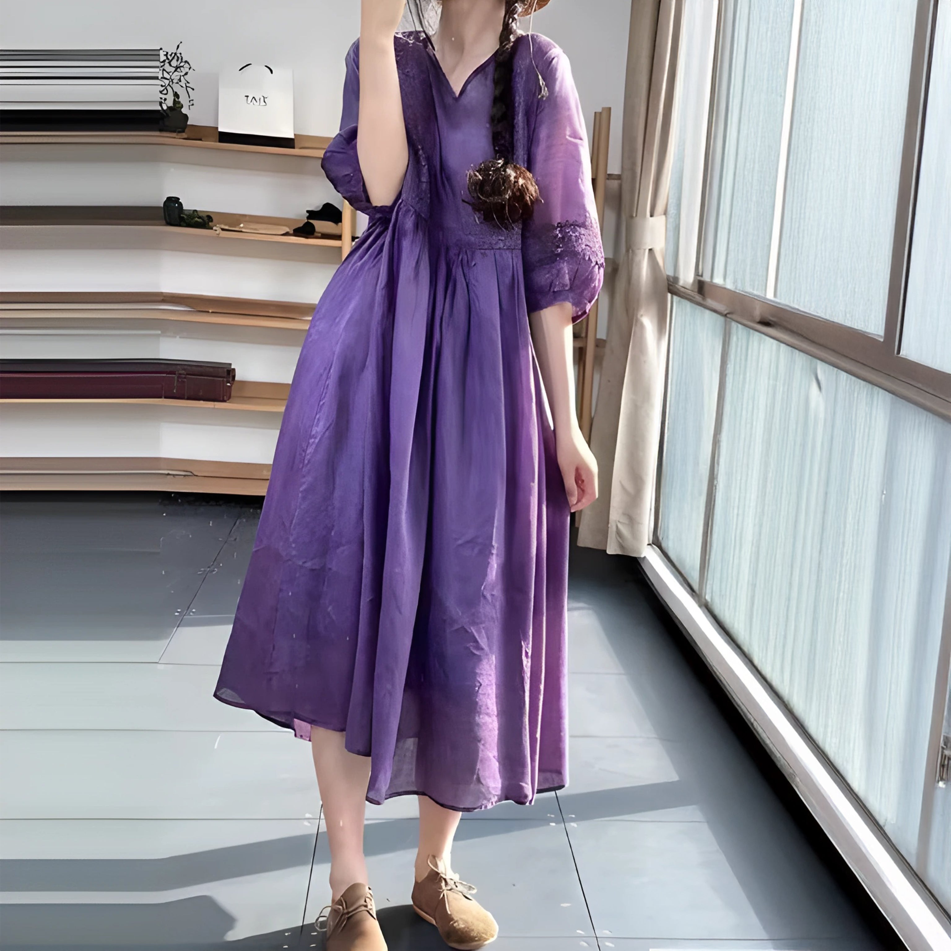 Purple V-Neck Cotton Dress with Lace Patchwork and Lantern Sleeves