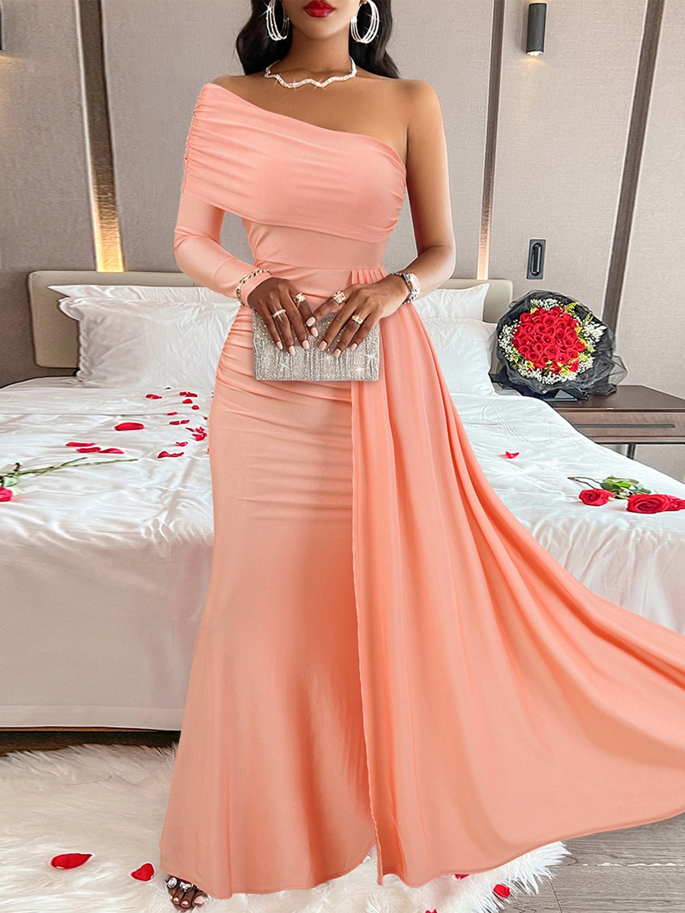 One-Shoulder Ruched Maxi Gown with Slit – Formal Draped Dress