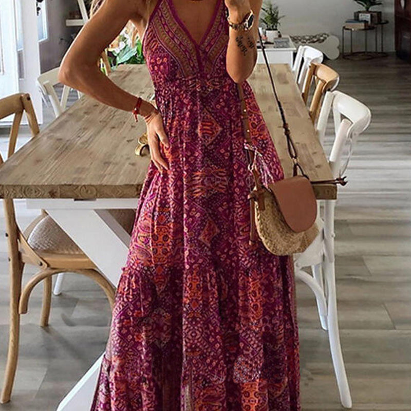 Boho Print Maxi V-Neck Dress - Adjustable Straps