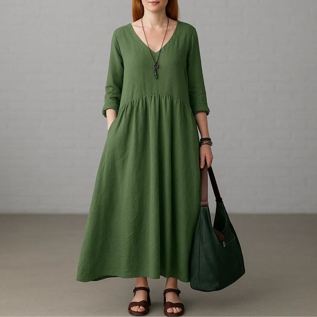 Linen V-Neck Maxi Dress with Pockets – Effortless Boho Style
