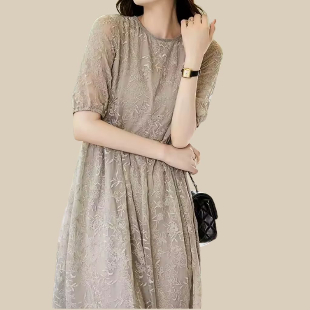 Light Grey Lace Midi Dress – Sheer Sleeves & Floral Embroidery