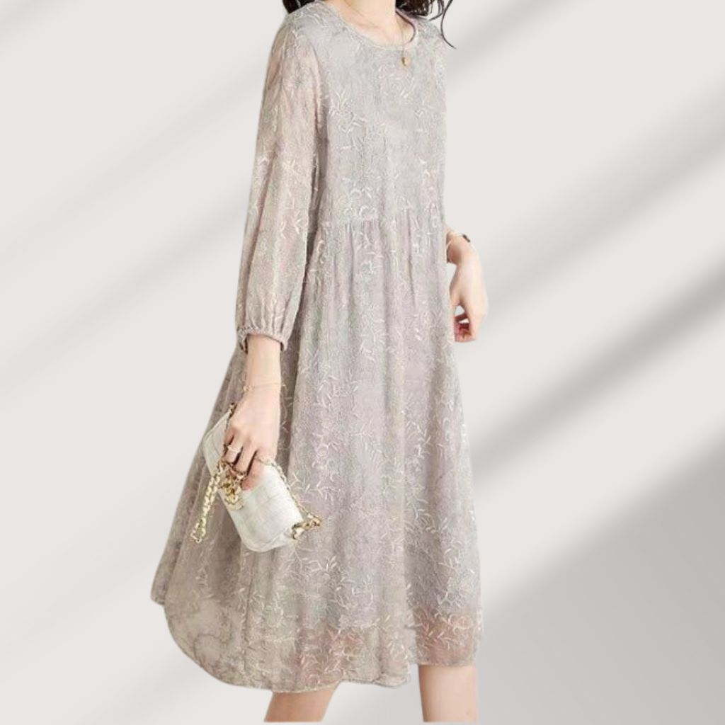 Light Grey Lace Midi Dress – Sheer Sleeves & Floral Embroidery