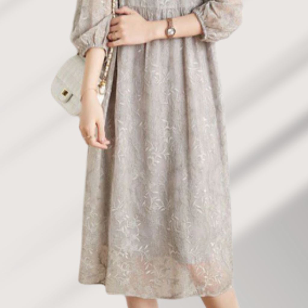 Light Grey Lace Midi Dress – Sheer Sleeves & Floral Embroidery