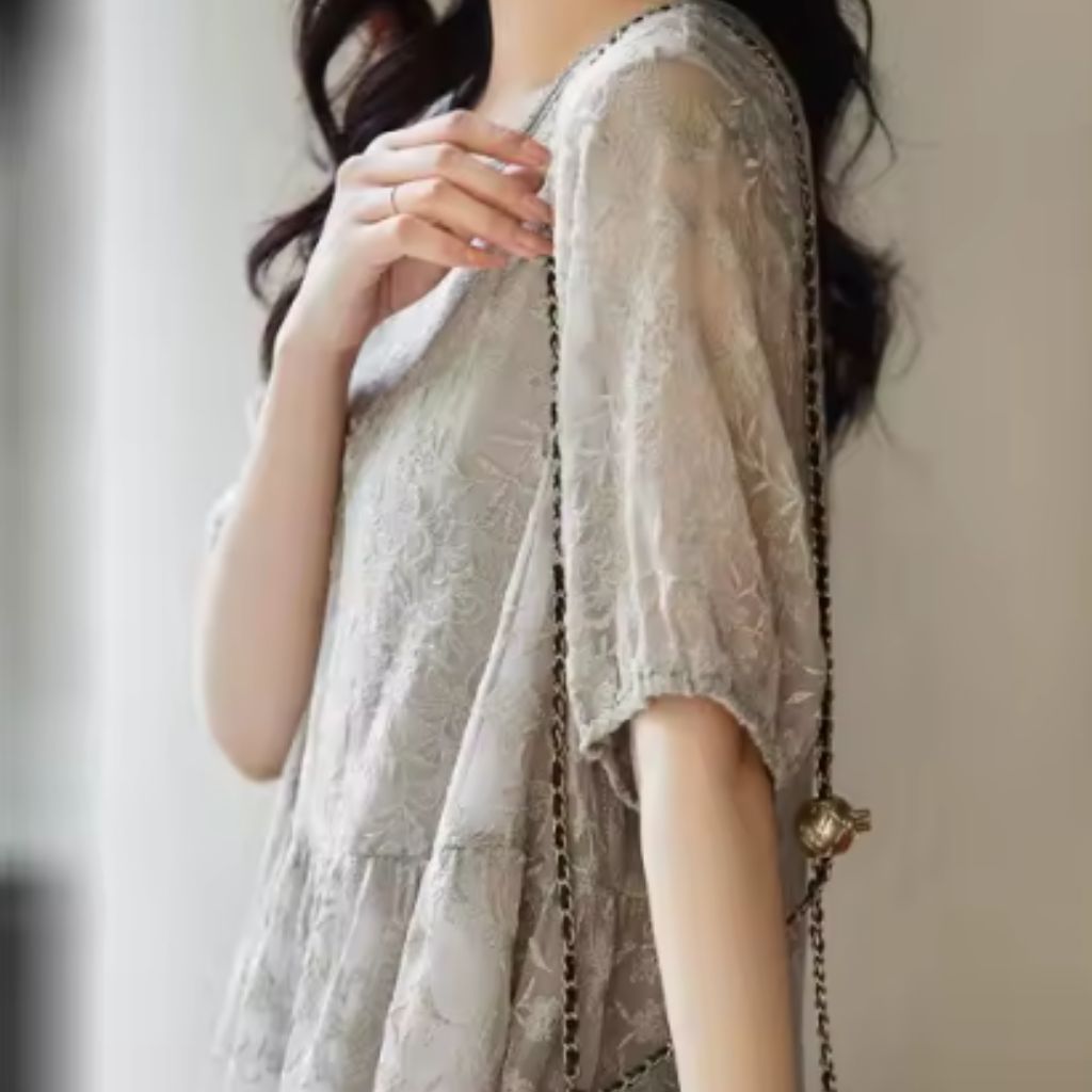 Light Grey Lace Midi Dress – Sheer Sleeves & Floral Embroidery