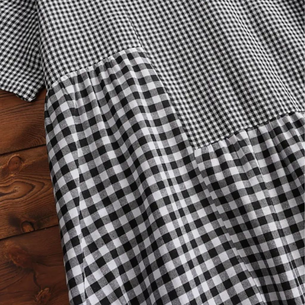 Black Gingham Patchwork Midi Dress – Relaxed Fit with Pockets
