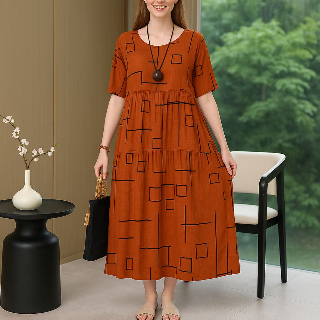 Tiered Floral Midi Dress – Short Sleeve Casual Style