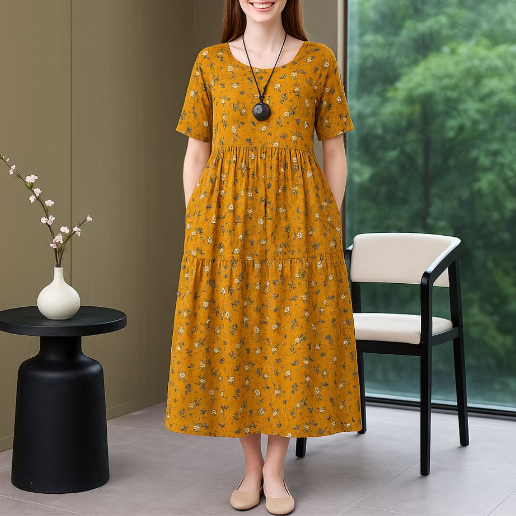Tiered Floral Midi Dress – Short Sleeve Casual Style