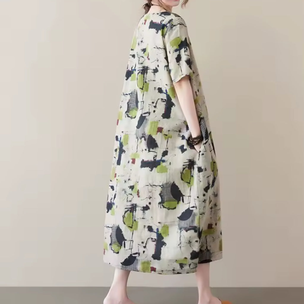 Abstract Print Linen Shift Dress – Loose Fit Pocket Style