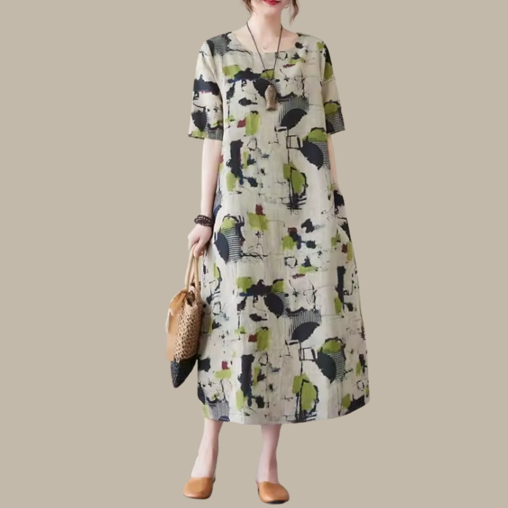 Abstract Print Linen Shift Dress – Loose Fit Pocket Style