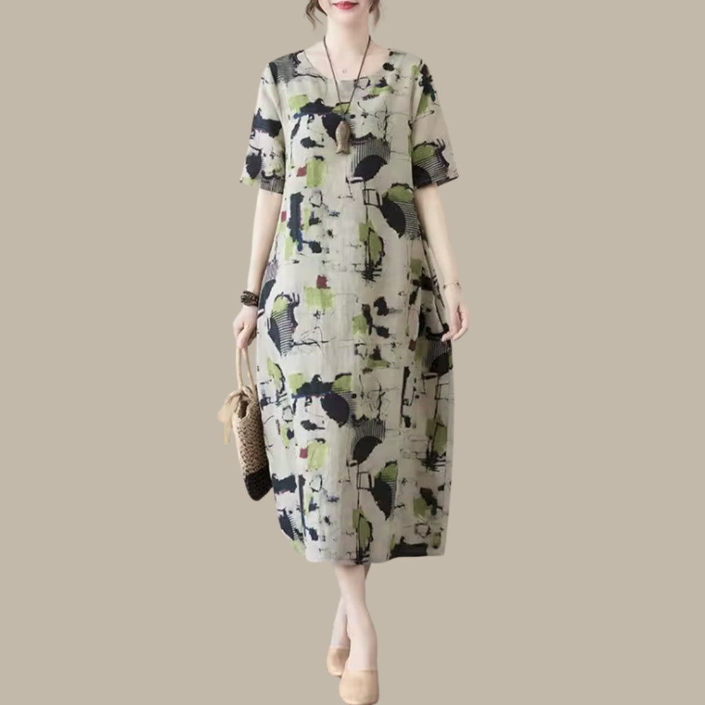 Abstract Print Linen Shift Dress – Loose Fit Pocket Style