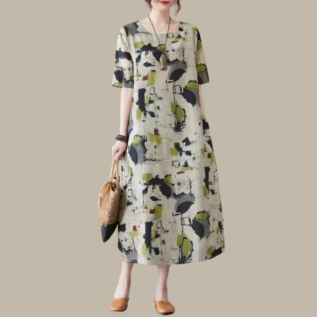 Abstract Print Linen Shift Dress – Loose Fit Pocket Style
