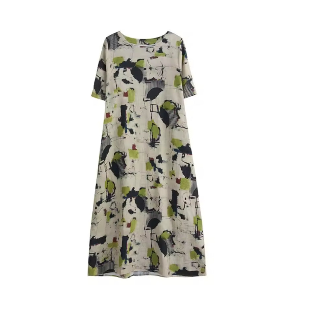 Abstract Print Linen Shift Dress – Loose Fit Pocket Style
