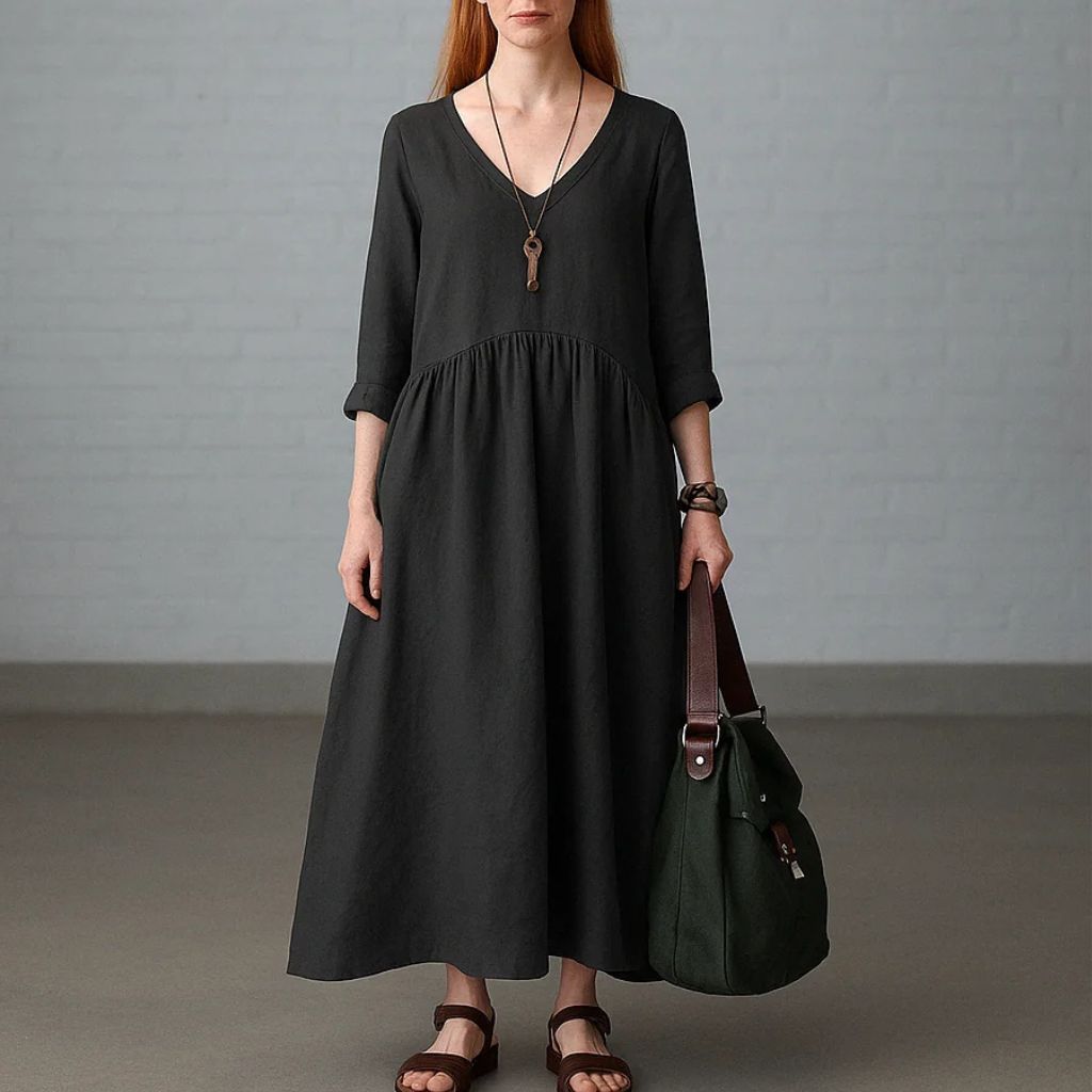 Linen V-Neck Maxi Dress with Pockets – Effortless Boho Style
