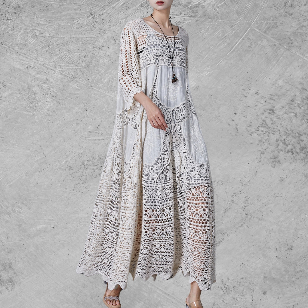Bohemian Lace Crochet Maxi Dress – Vintage-Inspired White Gown