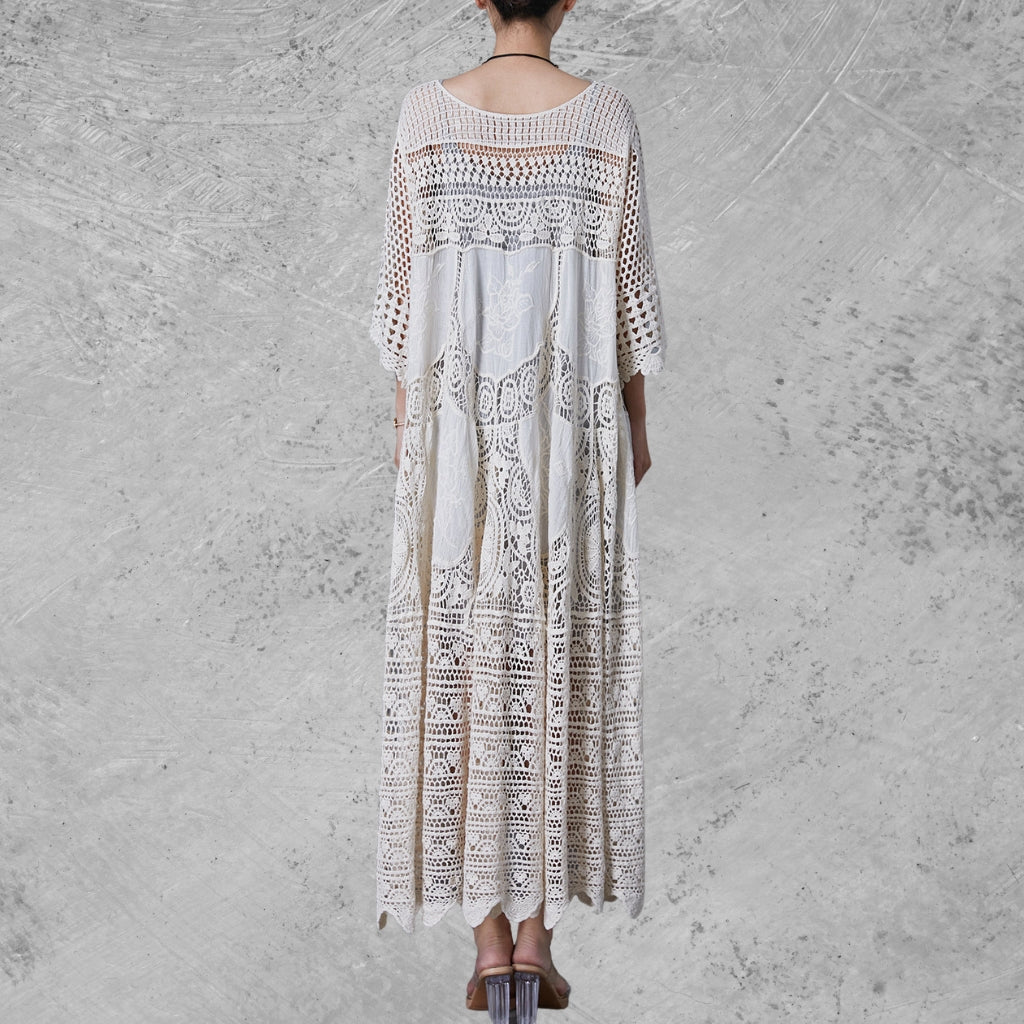 Bohemian Lace Crochet Maxi Dress – Vintage-Inspired White Gown