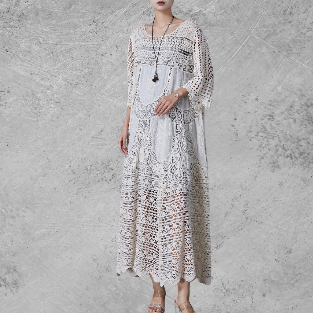 Bohemian Lace Crochet Maxi Dress – Vintage-Inspired White Gown