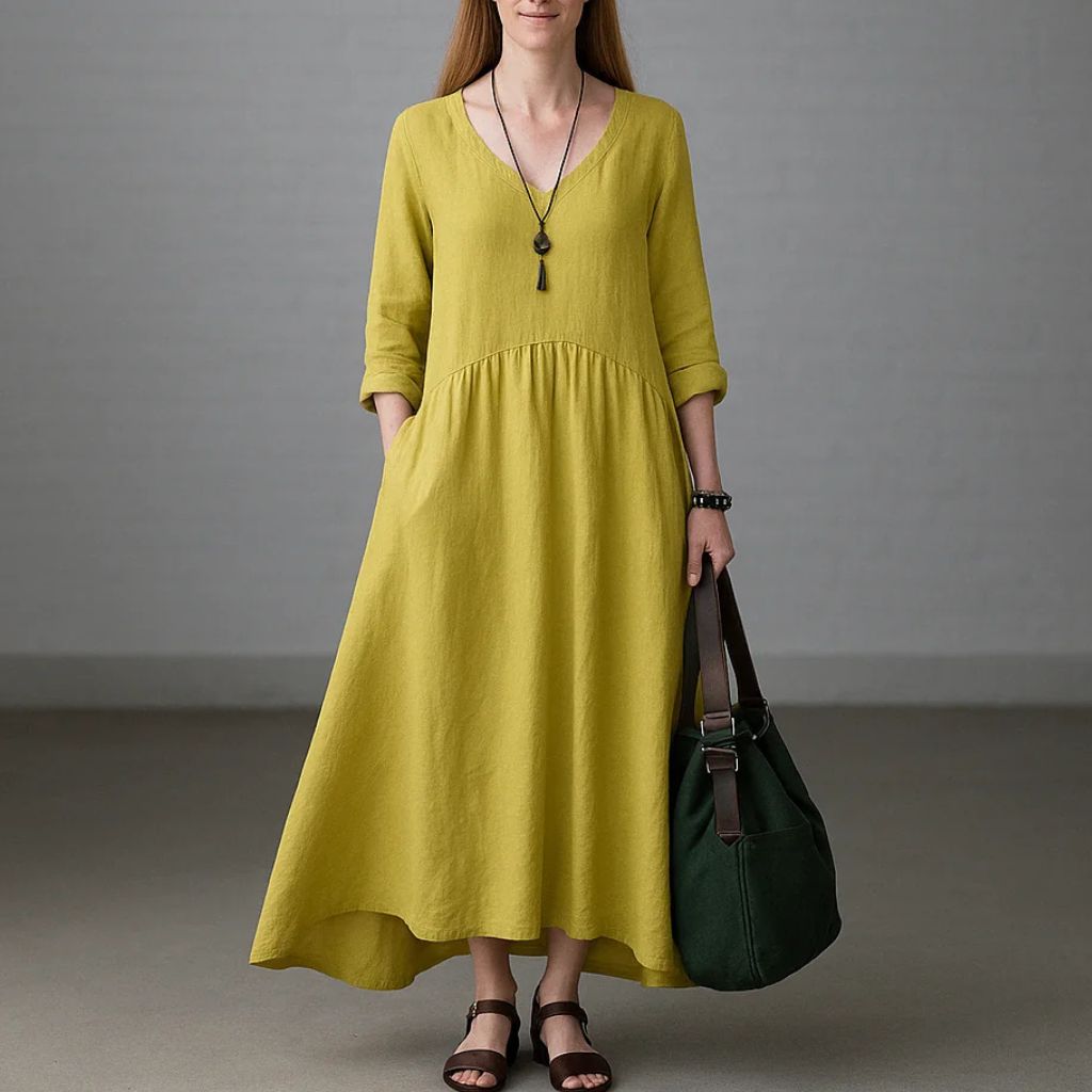Linen V-Neck Maxi Dress with Pockets – Effortless Boho Style