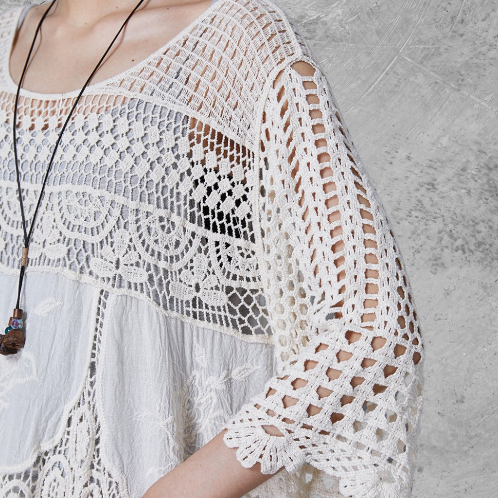 Bohemian Lace Crochet Maxi Dress – Vintage-Inspired White Gown