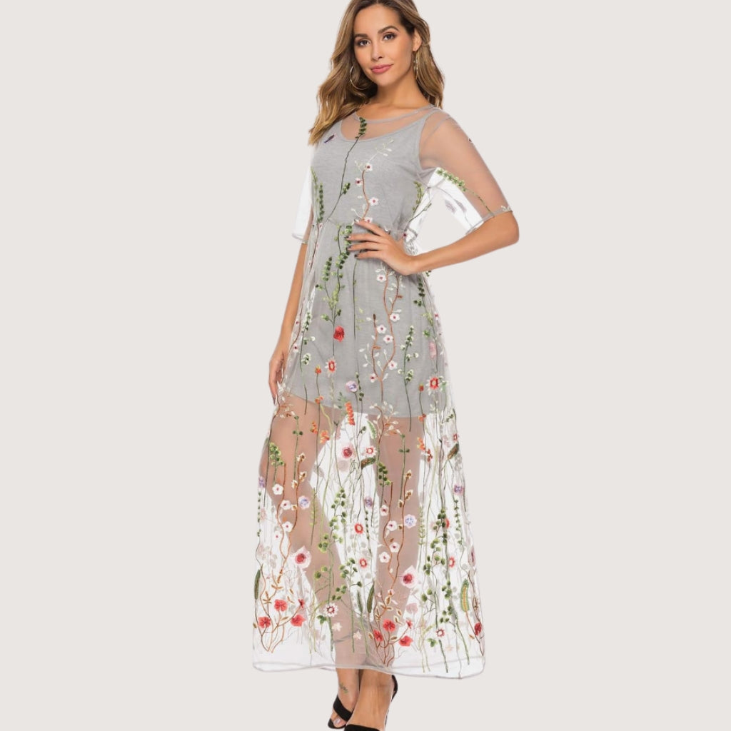 Floral Embroidered Sheer Mesh Midi Dress with Slip Lining