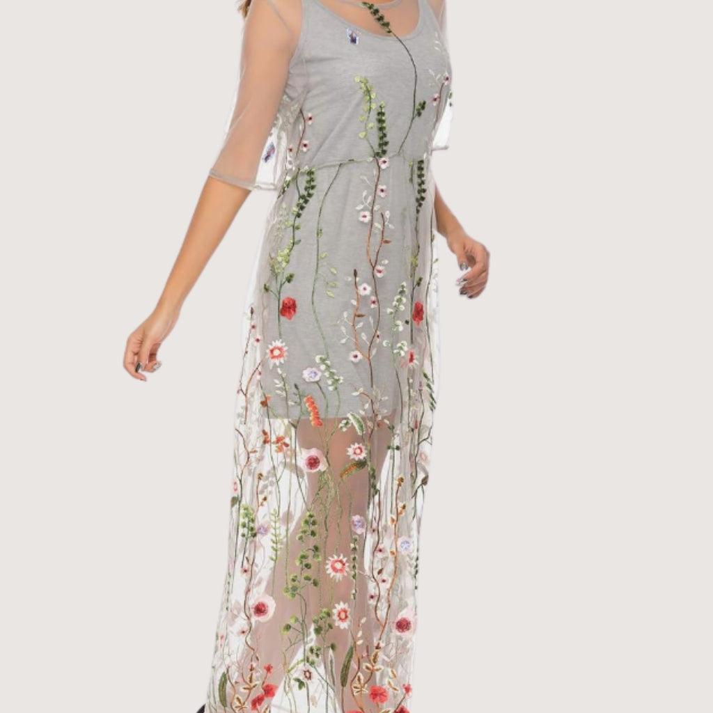 Floral Embroidered Sheer Mesh Midi Dress with Slip Lining