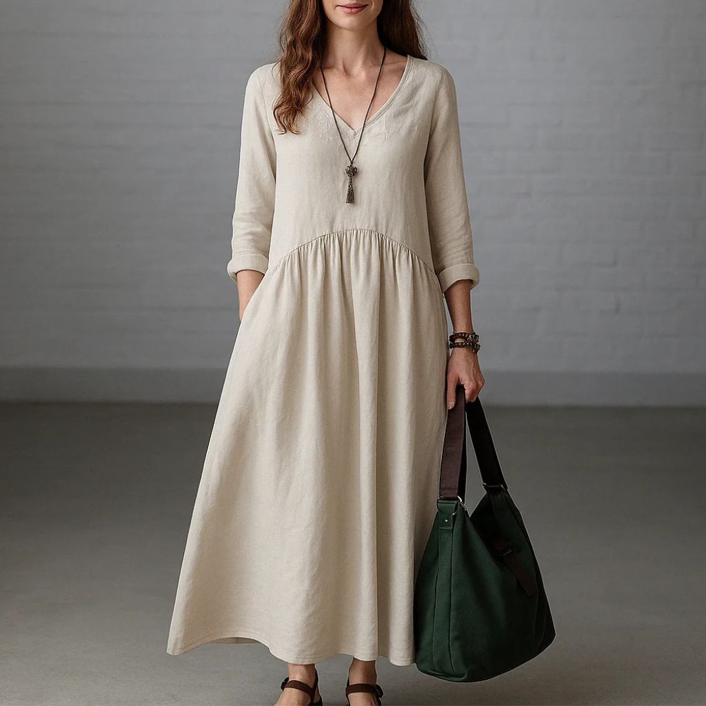 Linen V-Neck Maxi Dress with Pockets – Effortless Boho Style