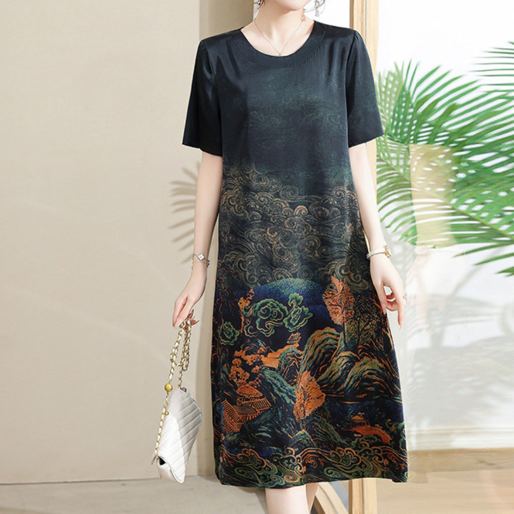 Elegant Black Midi Dress with Oriental Landscape Print