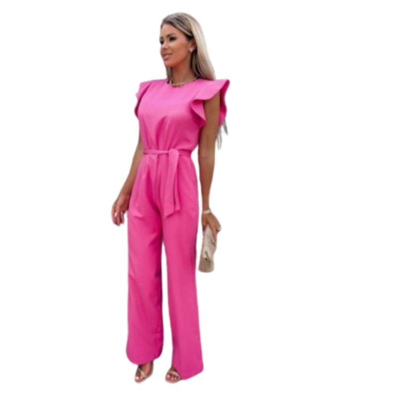 Elegant Belted Wide-Leg Jumpsuit – One-Shoulder Ruffle Sleeve Style